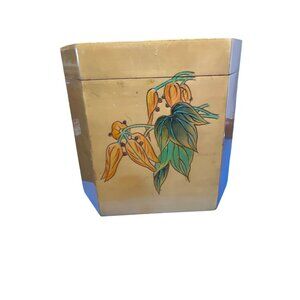 Vintage Asian Wooden Storage Box Hexogonal Floral Mauchline Tea Lidded
